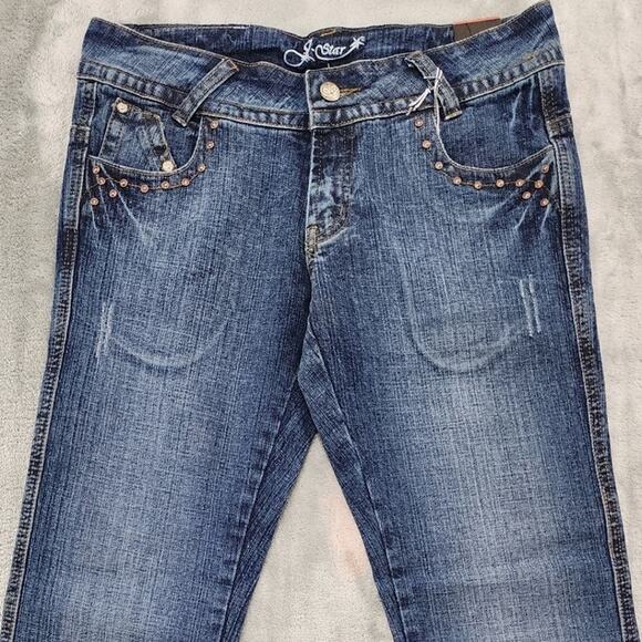 NEW J-Star Jeans Womens 3/4 Blue Studded Low Rise Bootcut Stretch Denim Faded - Picture 2 of 16
